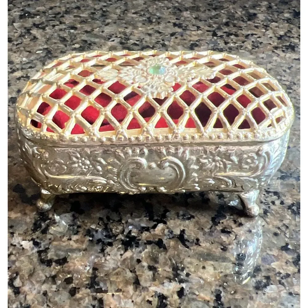 Vtg Embossed Footed Trinket Jewelry Box Red Velvet Lined Japan